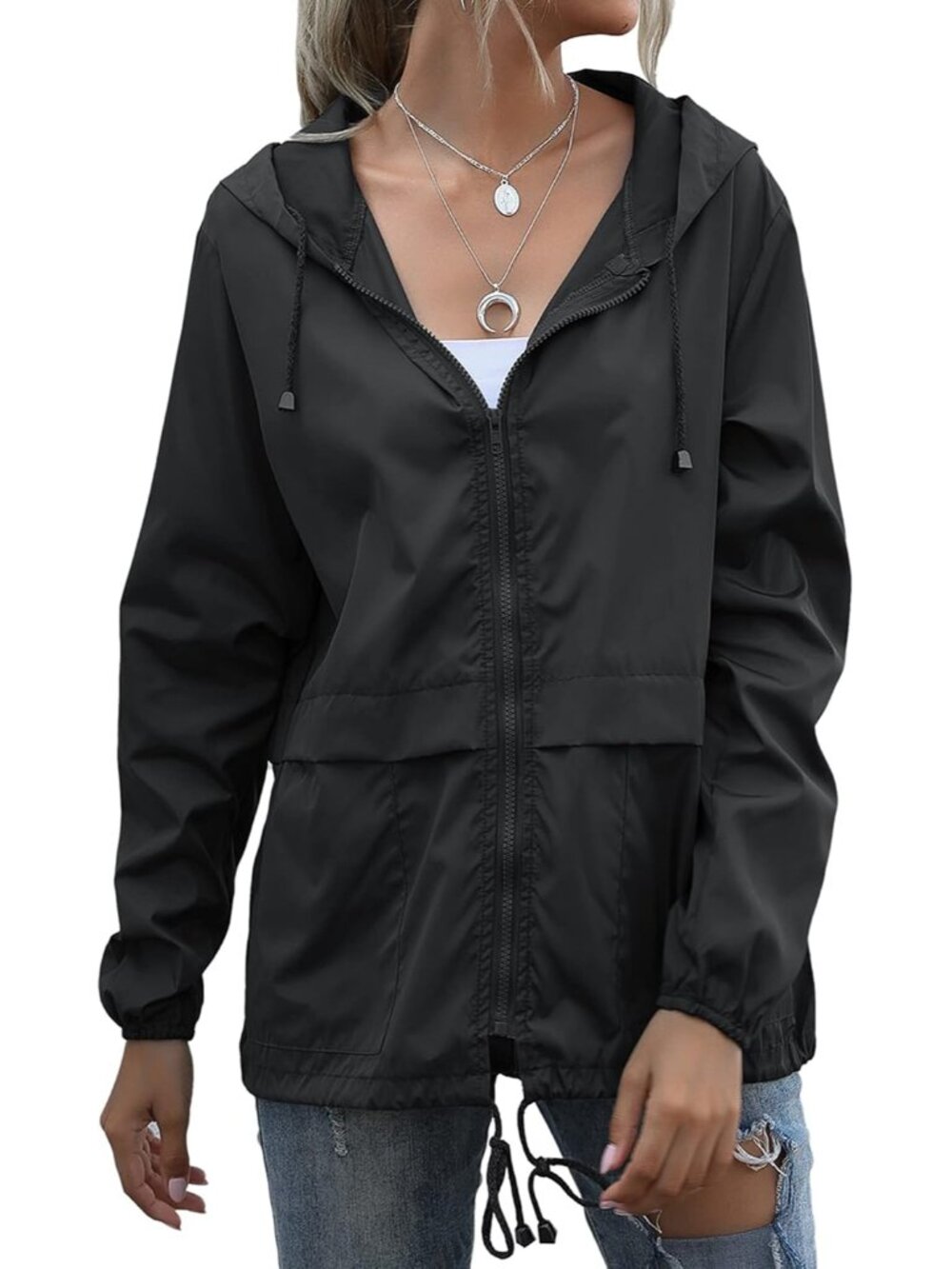 Women's Waterproof Raincoat Lightweight Rain Jacket Hooded Windbreaker with Pock